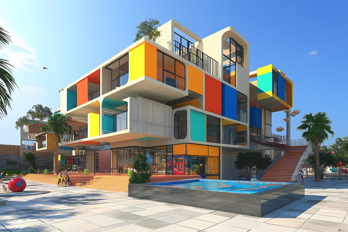 Colorful concrete cube building with offices, hotel, pool, garage.