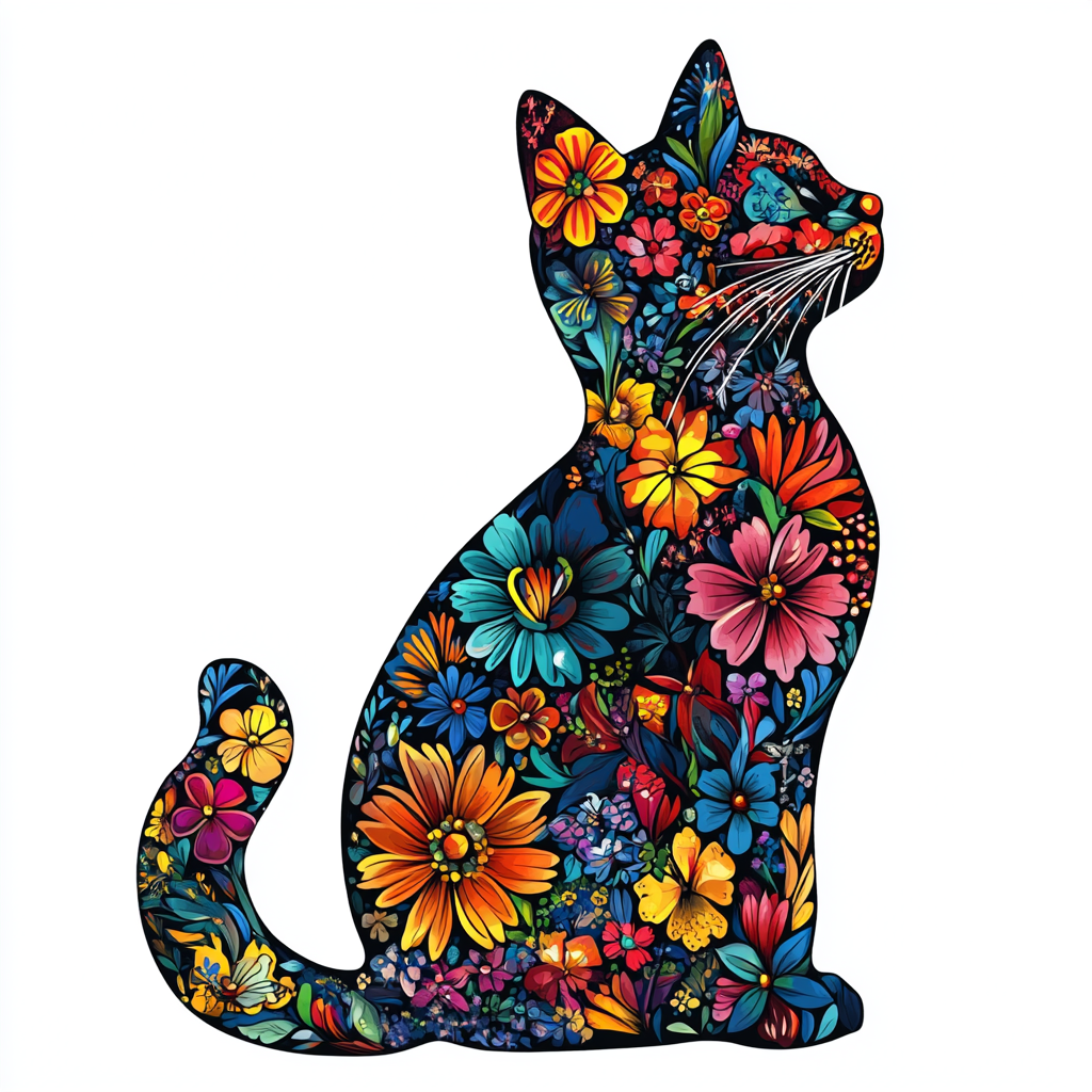 Colorful floral cat silhouette clipart for vibrant T-shirt design.