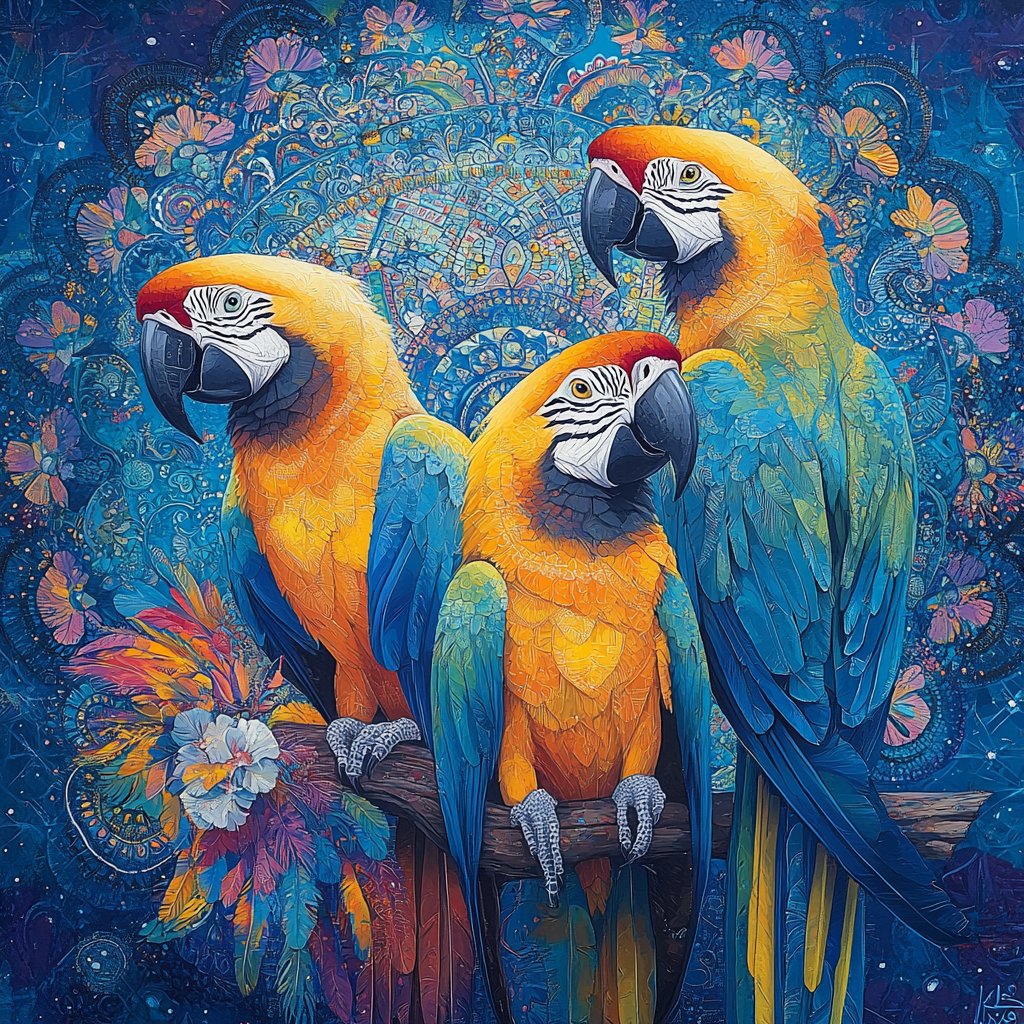 Colorful macaws in motion with detailed background design. Warrior.