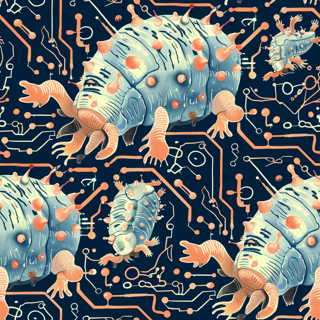 Colorful mutant tardigrades and futuristic circuit boards in comic.