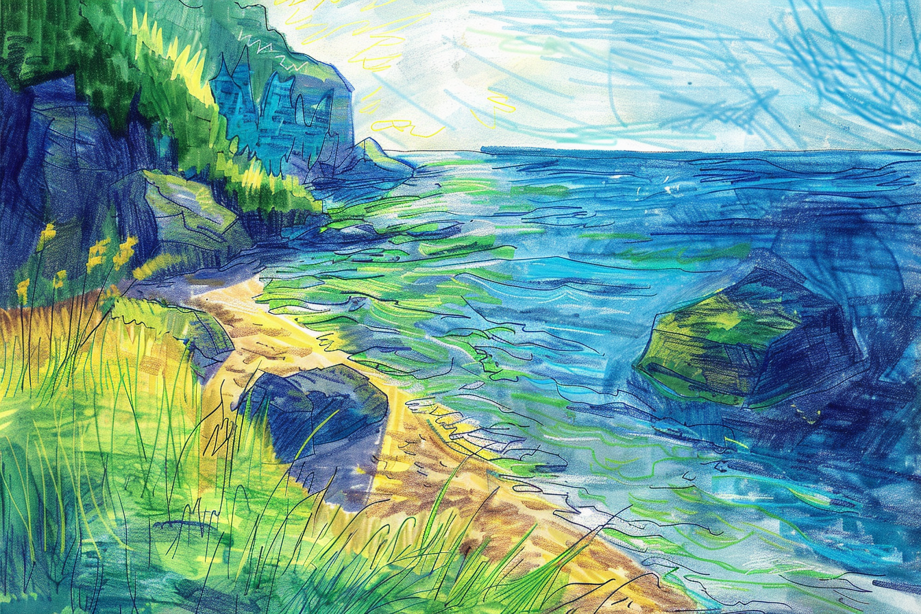 Colorful sketch of coastal scene with bold lines, vibrant colors.