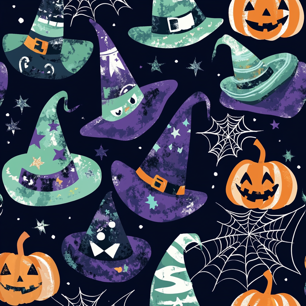 Colorful witch hats, pumpkins, and spiderwebs in diamond grid.