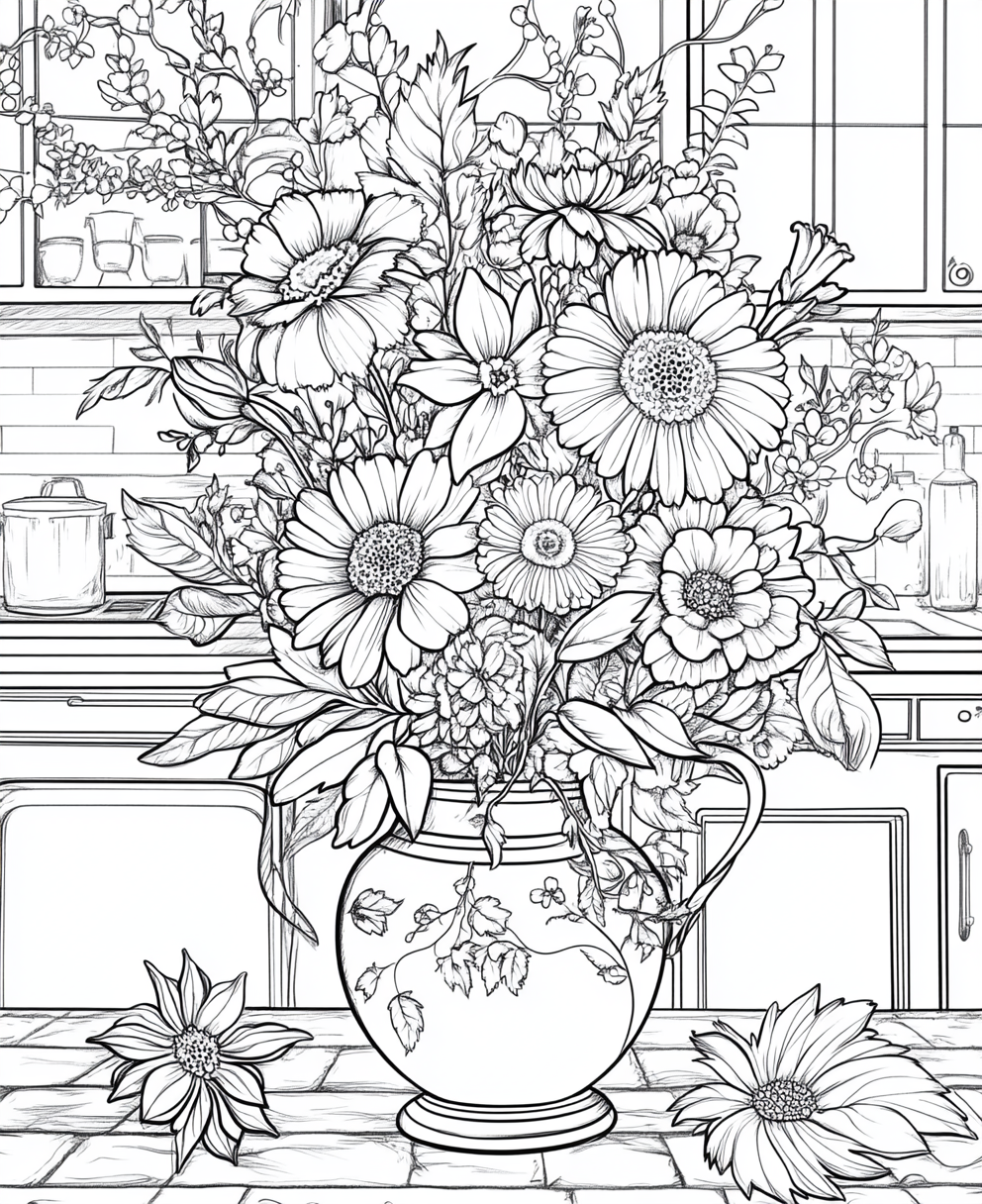 Coloring page with floral bouquet on ceramic vase.