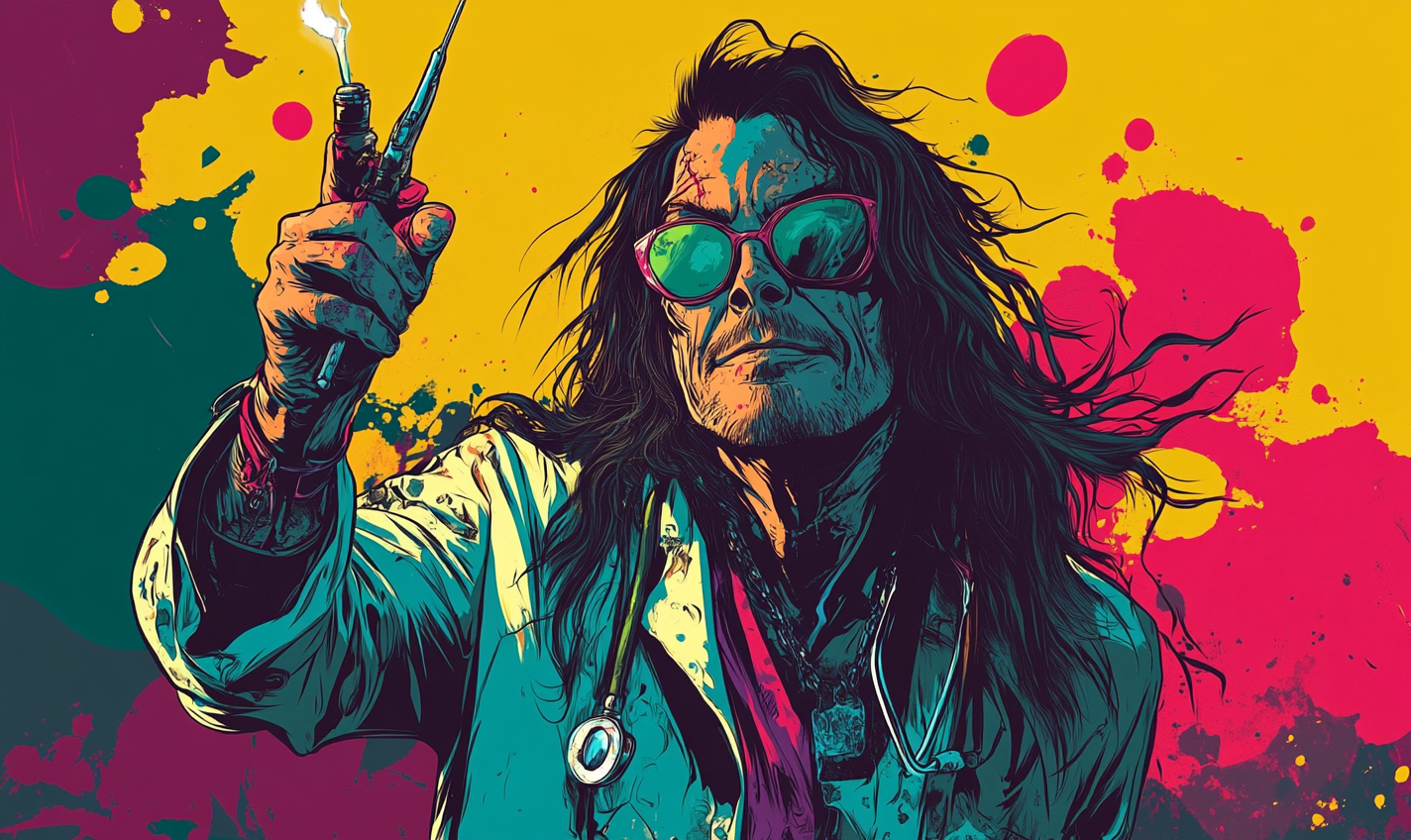 Comic book surgeon resembling John Corabi performs experiments.