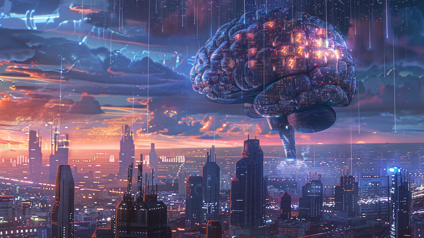 Complex AI brain constructs futuristic cityscape with holographic buildings.