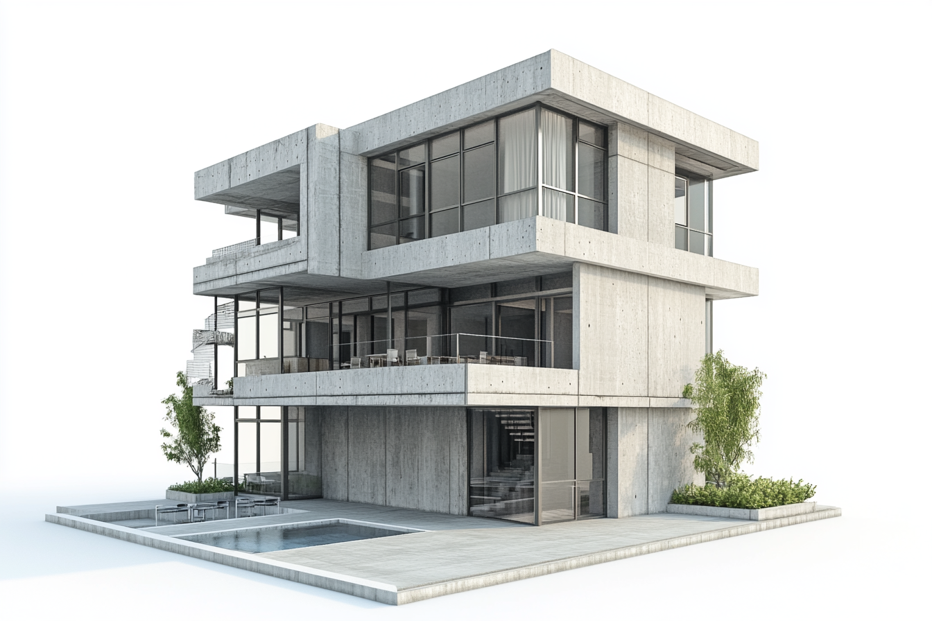 Concrete building with offices, store, garage, hotel, pool.