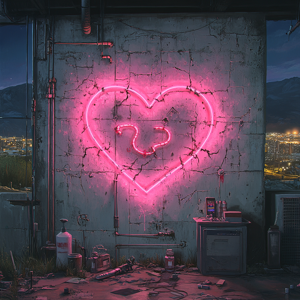 Concrete wall with neon lights, snake graffiti heart, cityscape.