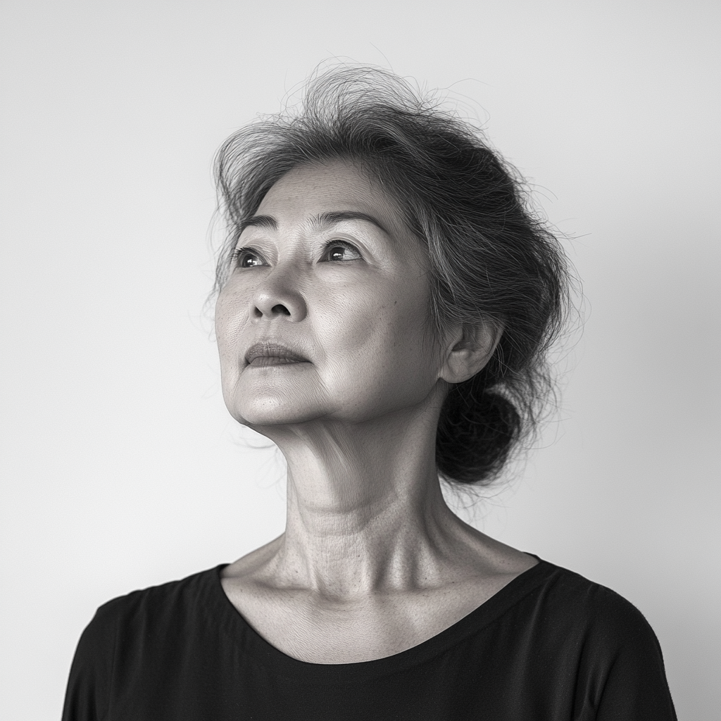 Confident 59-Year-Old Asian Woman Full Body Profile Black and White Nikon Photo