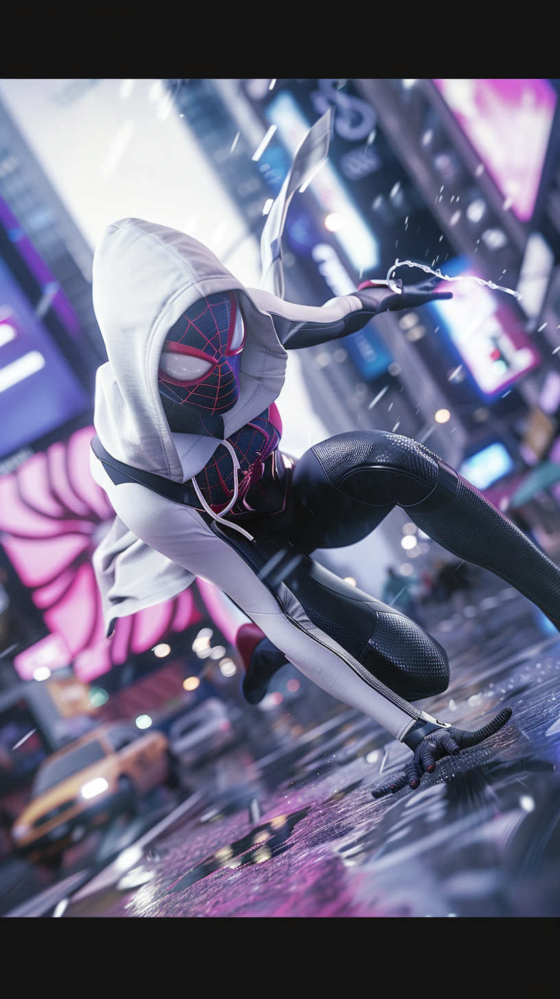 Confident Spider-Gwen flips through city, unmasked and joyful.