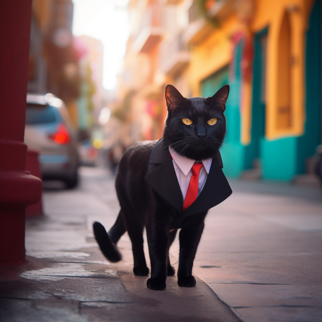 Confident black cat on colorful Venezuelan street, professional style.