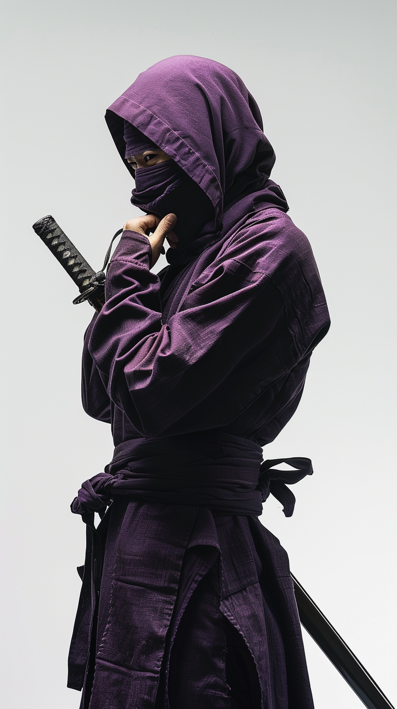 Confident businessman ninja in purple hooded suit, mysterious gesture.