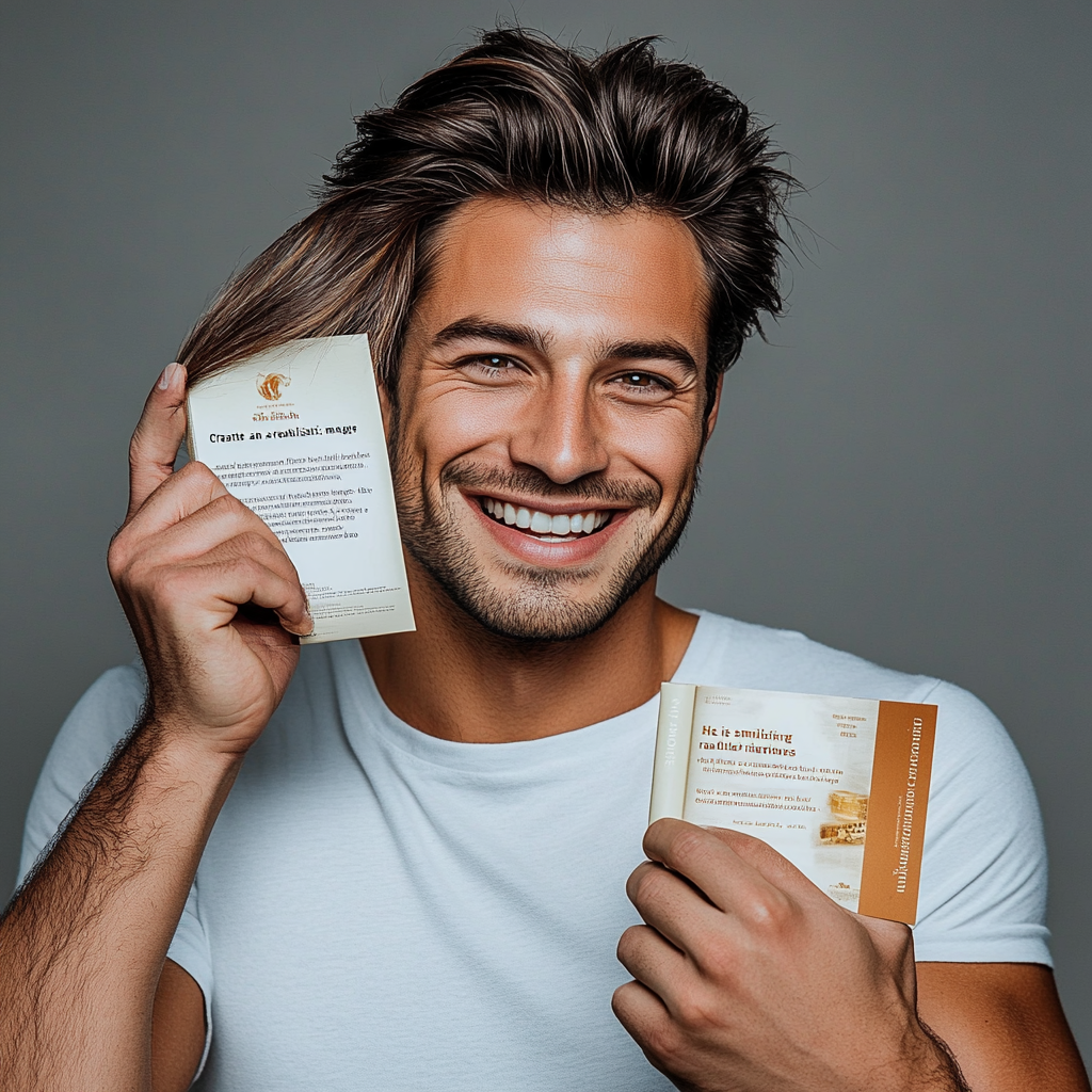 Confident man with perfect hair, smiling happily. Book mockup.