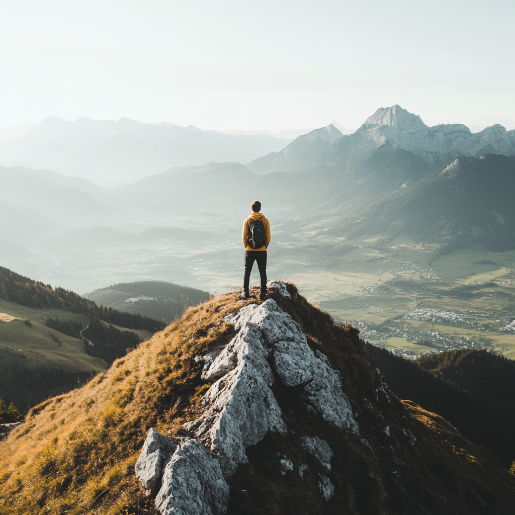 Confident person on mountain peak feels serene.