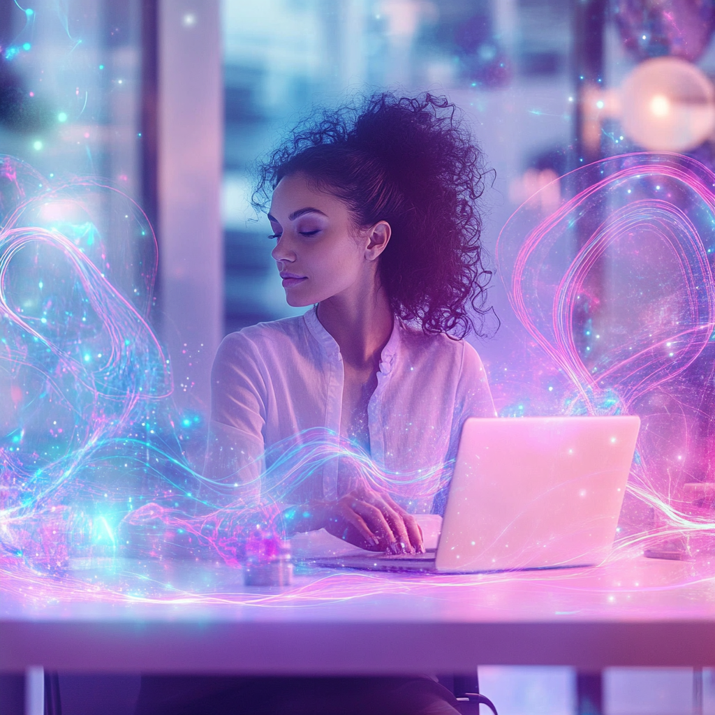 Confident woman entrepreneur at minimalist desk in flowing energy.