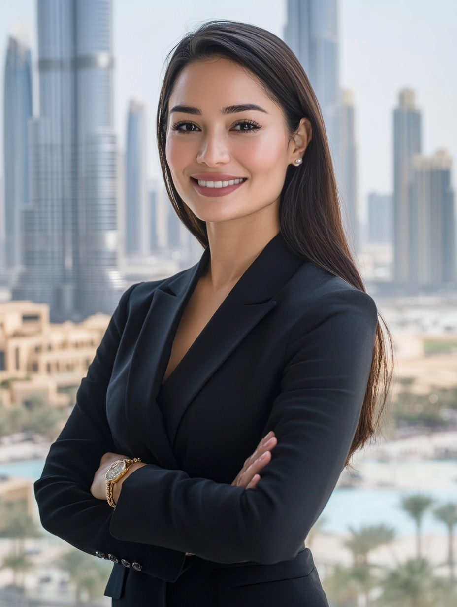 Confident woman in black suit poses in Dubai.