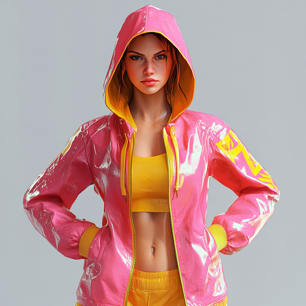 Confident woman in pink raincoat in attack pose.