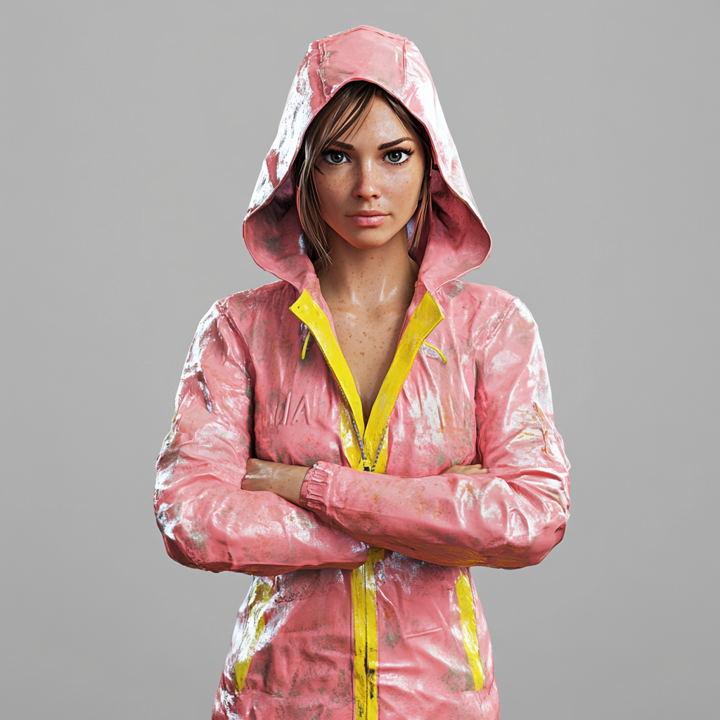 Confident woman in pink raincoat in attacking pose visualized.