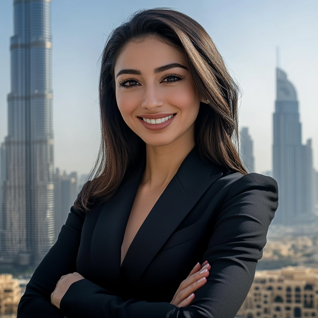 Confident woman smiling at camera with Burj Khalifa view.