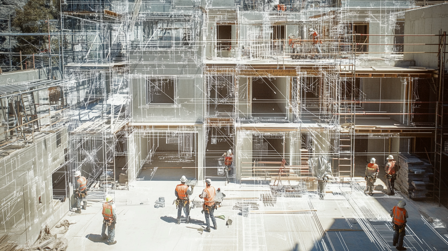 Construction site with workers and blueprints in professional style.