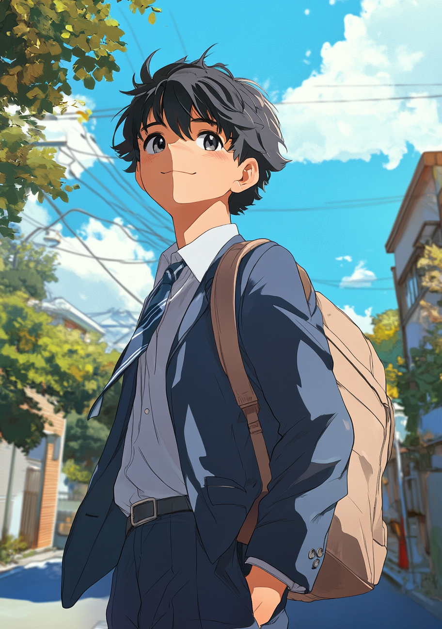 Cool, handsome boy in school uniform, Miyazaki style.