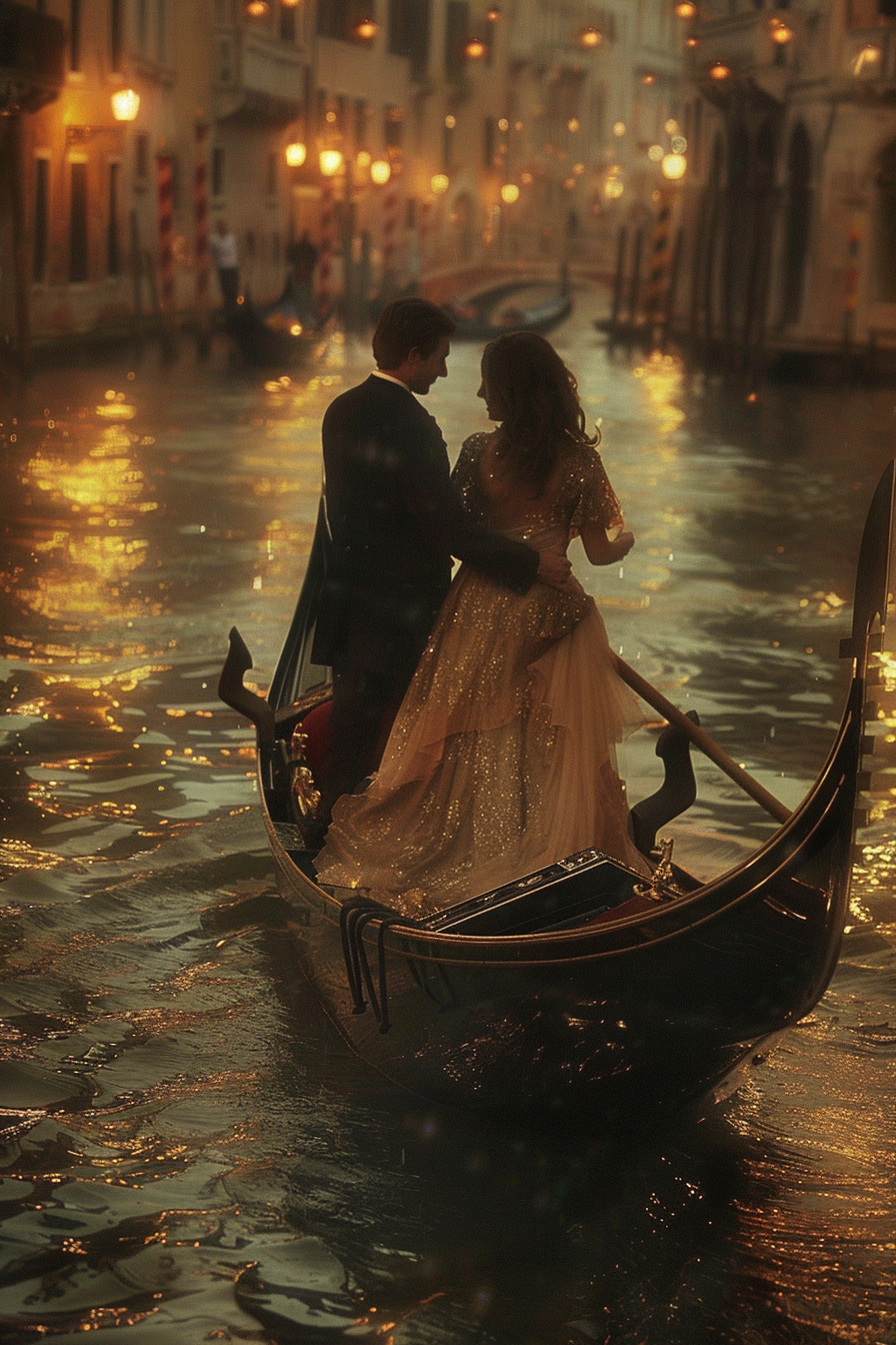 Couple in gondola, water reflecting lights, gazing affectionately.