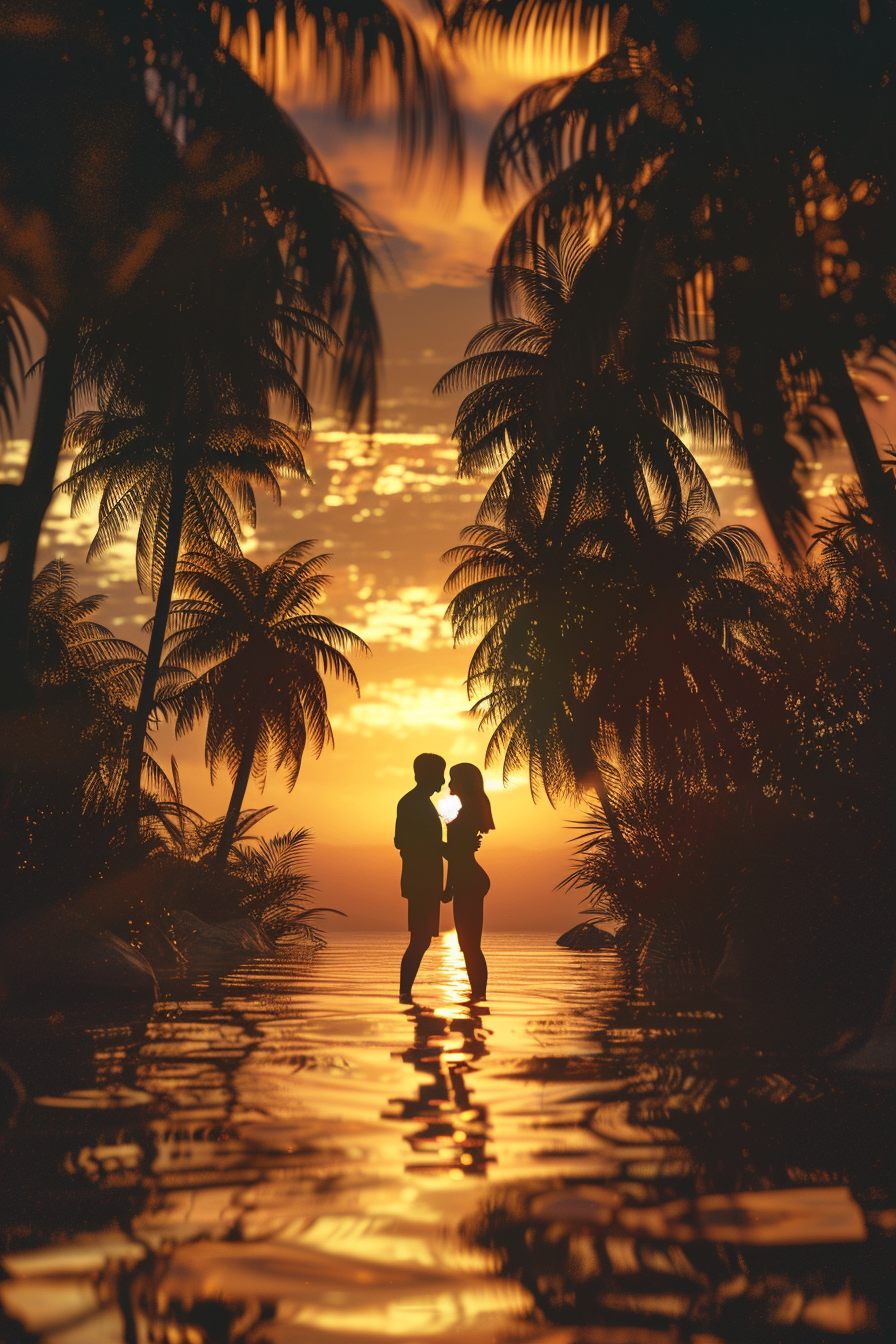 Couple in oasis at sunset, palm trees, calm water.