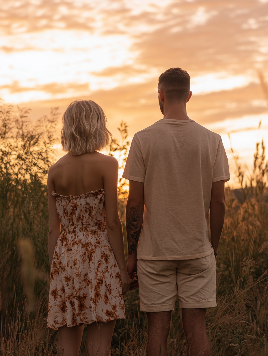 Couple watching sunset, man buzz cut hair, woman blonde.