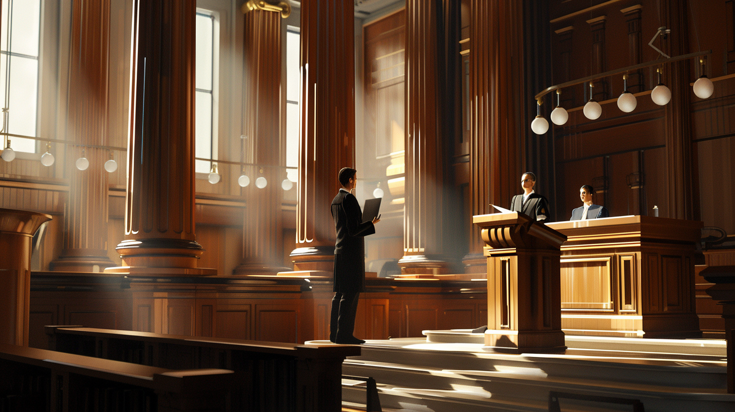 Courtroom scene with educator practicing public speaking confidently.