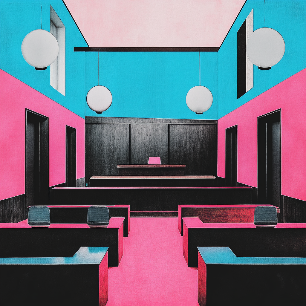 Courtroom trial collage in pink, blue, black tones.