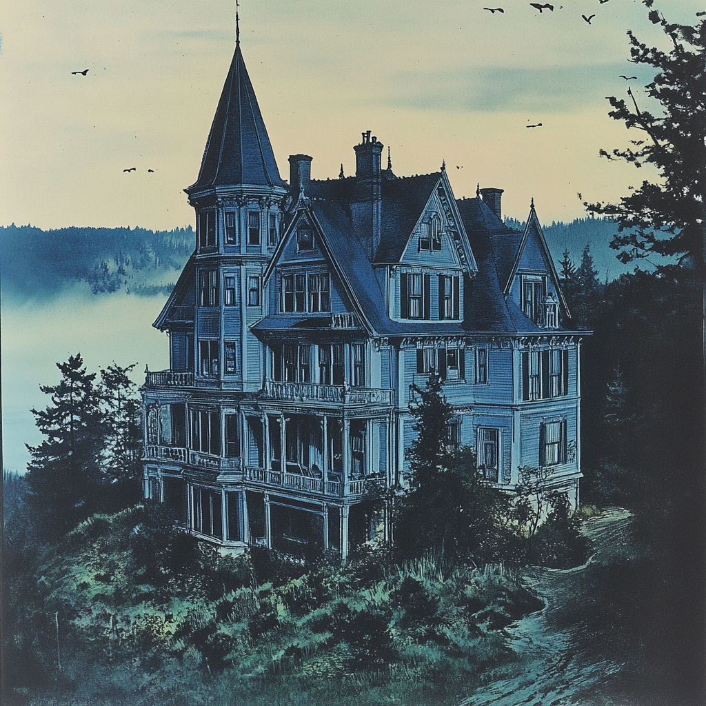 Cover of 1980s book featuring eerie Victorian manor.