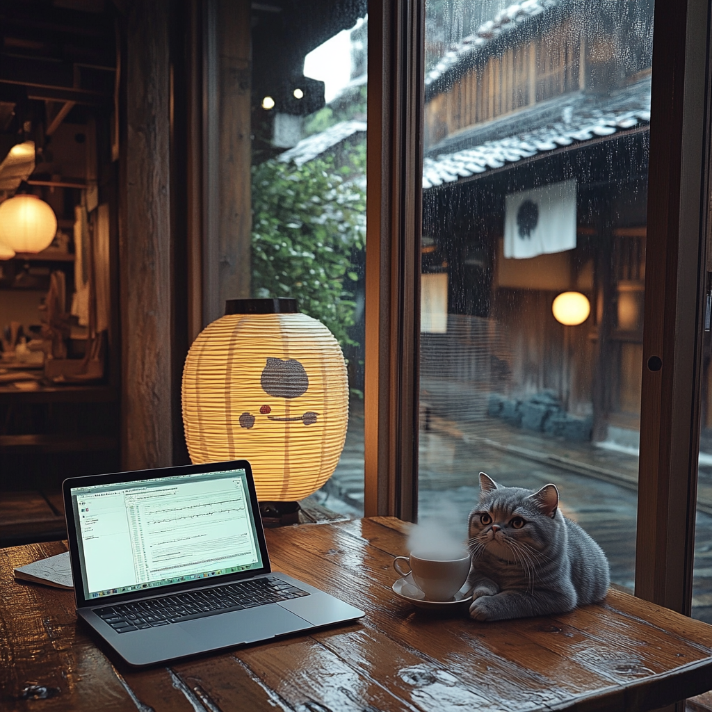 Cozy Ghibli-inspired café in Kyoto with Munchkin cat.