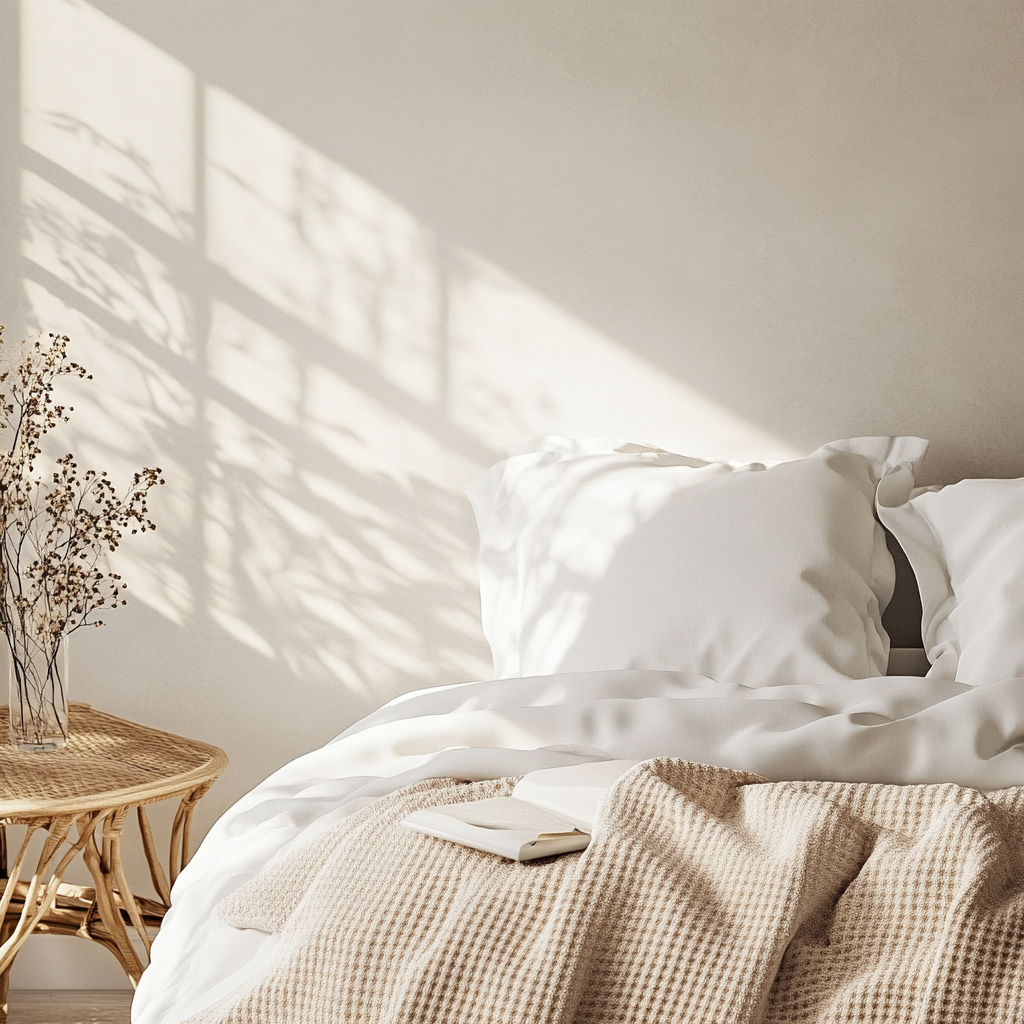 Cozy bedroom corner with warm, soft light.