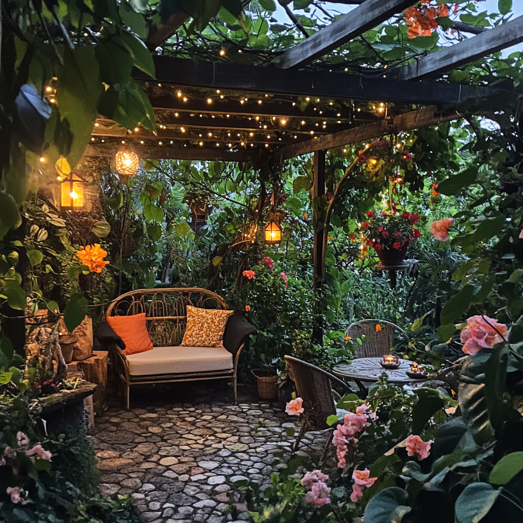 Cozy garden nook with comfortable seating, lush greenery, colorful flowers, peaceful ambiance at dusk with iPhone 15 Pro. 