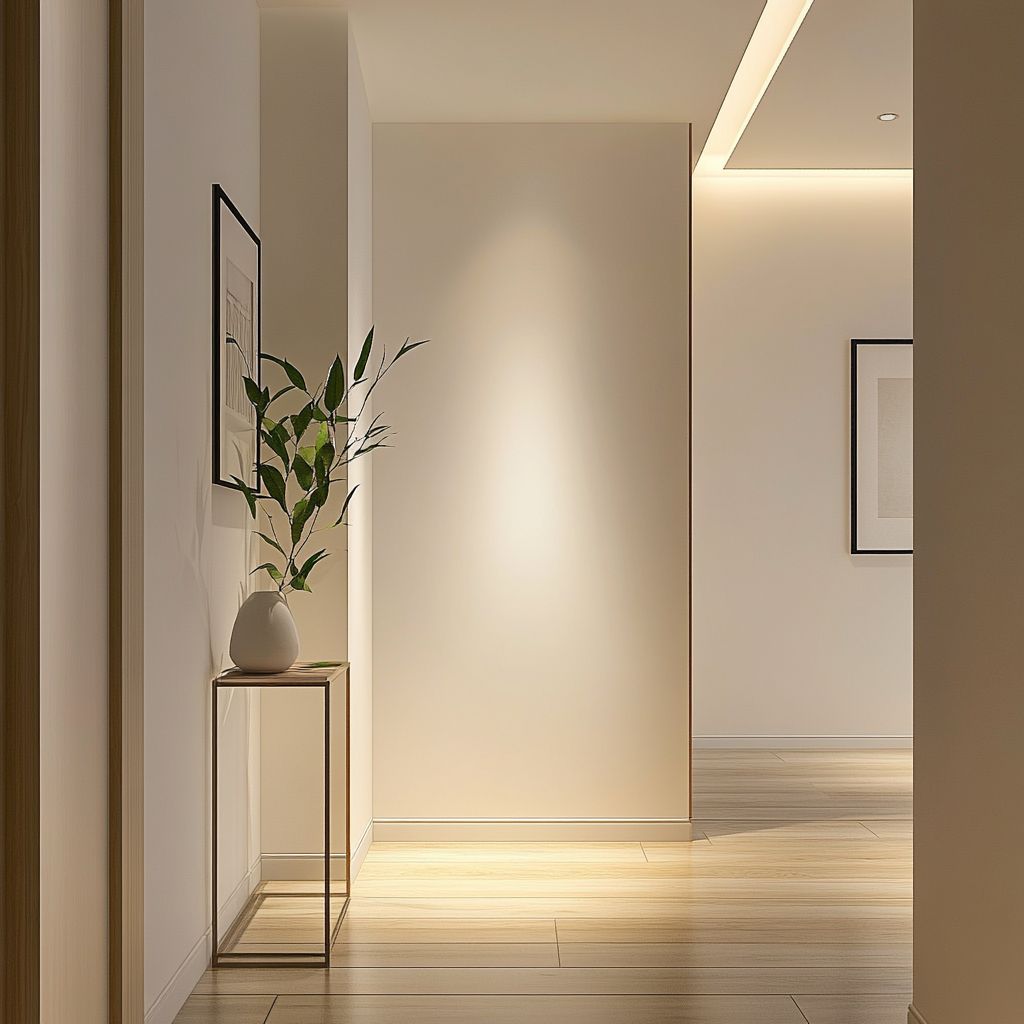 Cozy hallway with clean white wall and soft lighting.