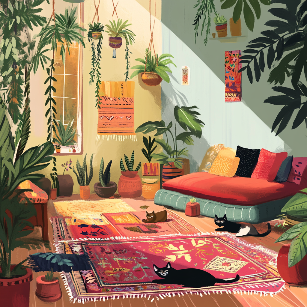 Cozy living room with colorful rugs, pillows, plants, cats.