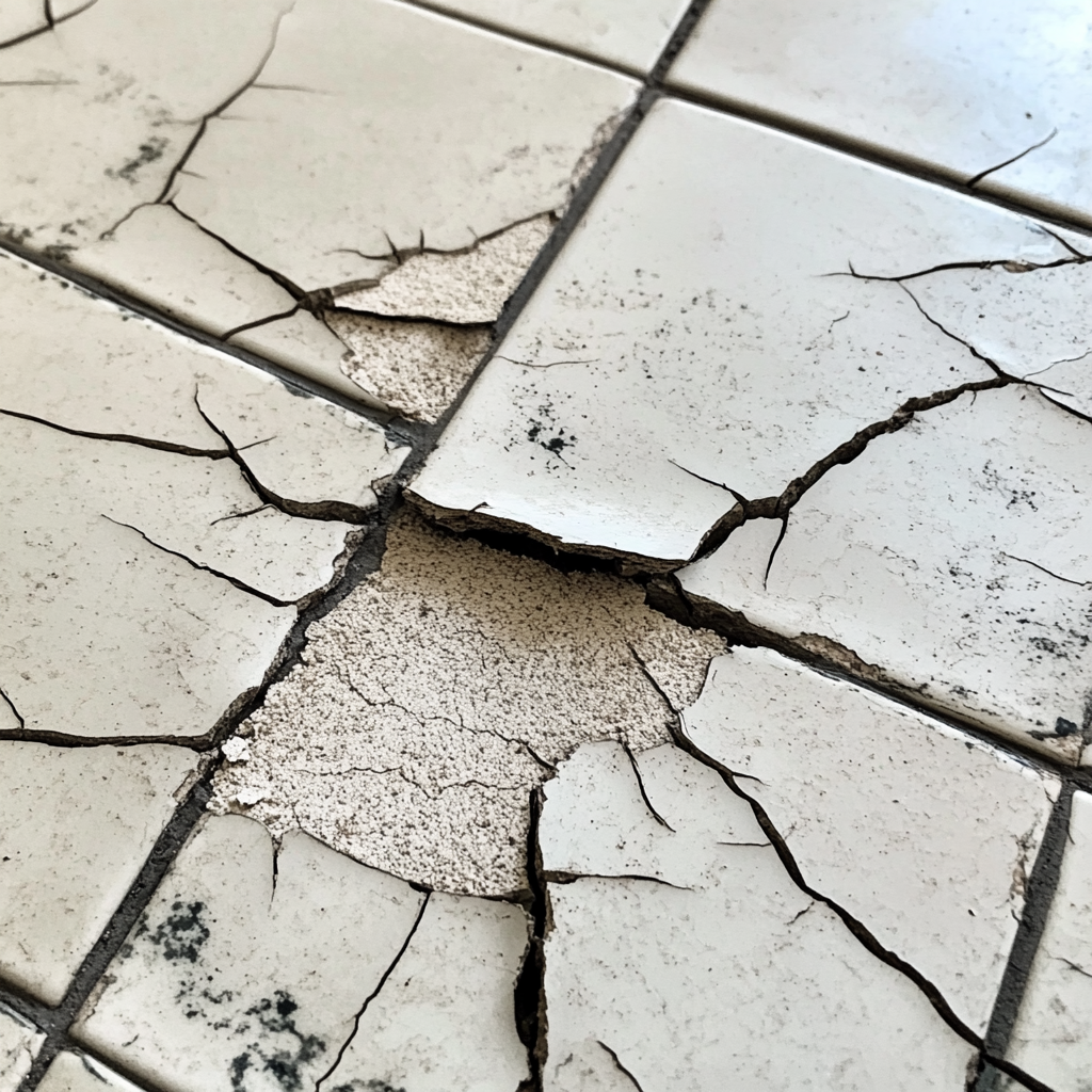 Cracked ceramic tiles in a bathroom, debris visible.