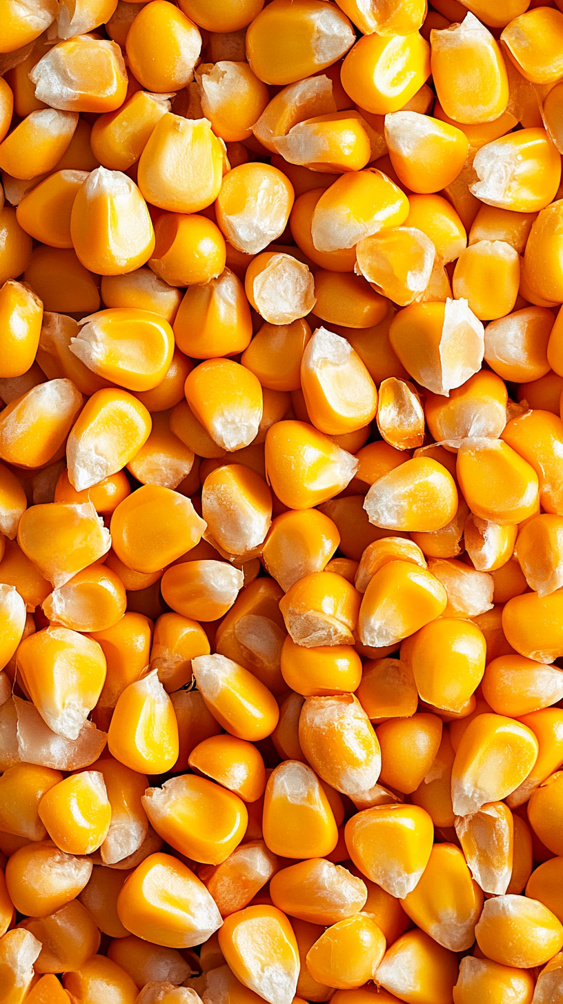 Cracked corn kernels for animal and poultry feed. Bright, fresh, contemporary.