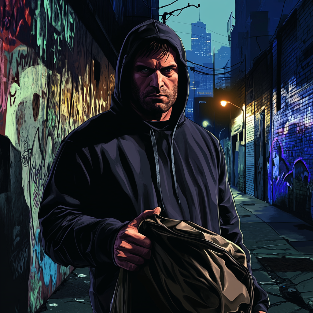 Criminal in hoodie navigating alley with stolen goods.