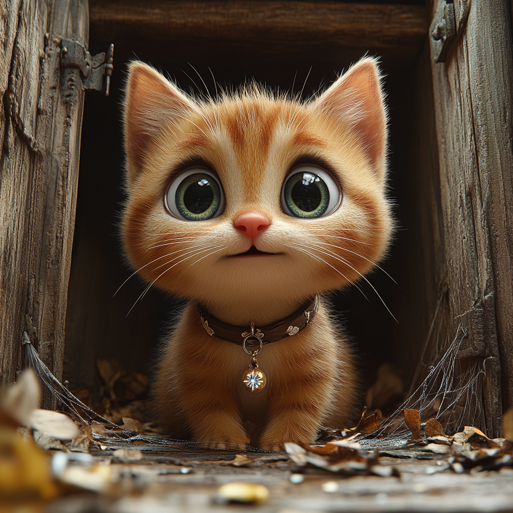 Curious kitten discovers hidden attic door, Pixar style.