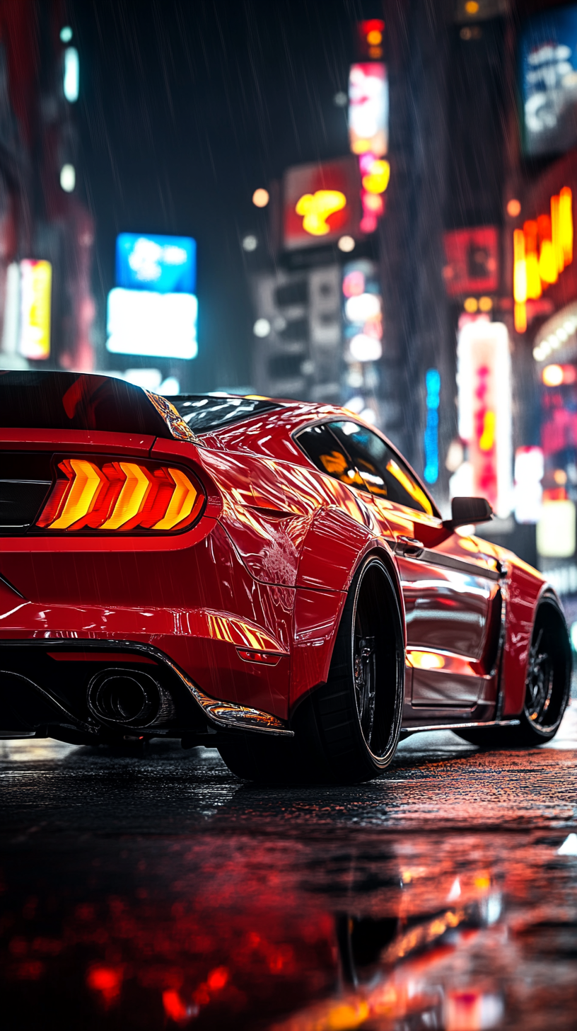 Custom Ford Mustang bodykit at night, ultra-realistic portrait photography.