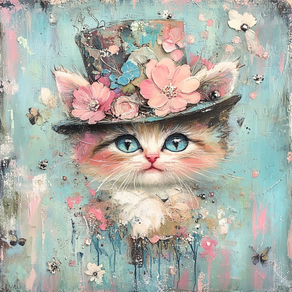 Cute, whimsical kitten with blue eyes and hat.