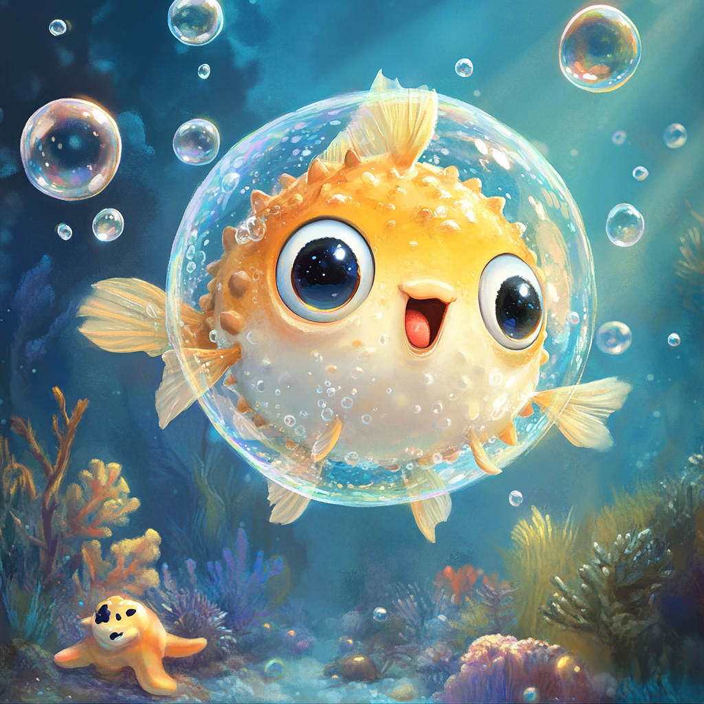 Cute Baby Pufferfish Blowing Giant Bubble, Underwater Scene.