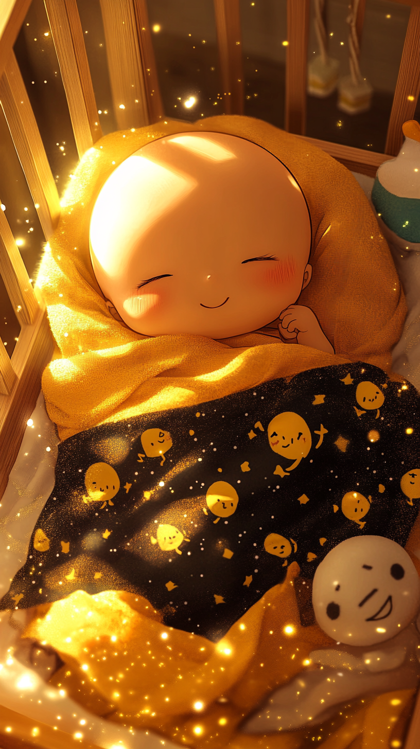 Cute baby Koro-sensei sleeping peacefully in crib.