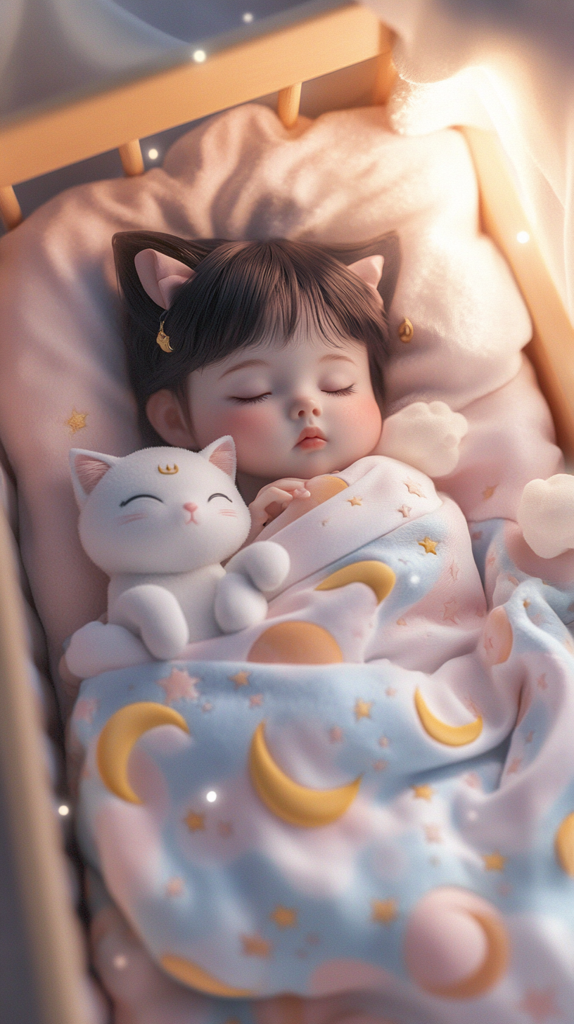 Cute baby Sailor Moon sleeping in cozy crib.