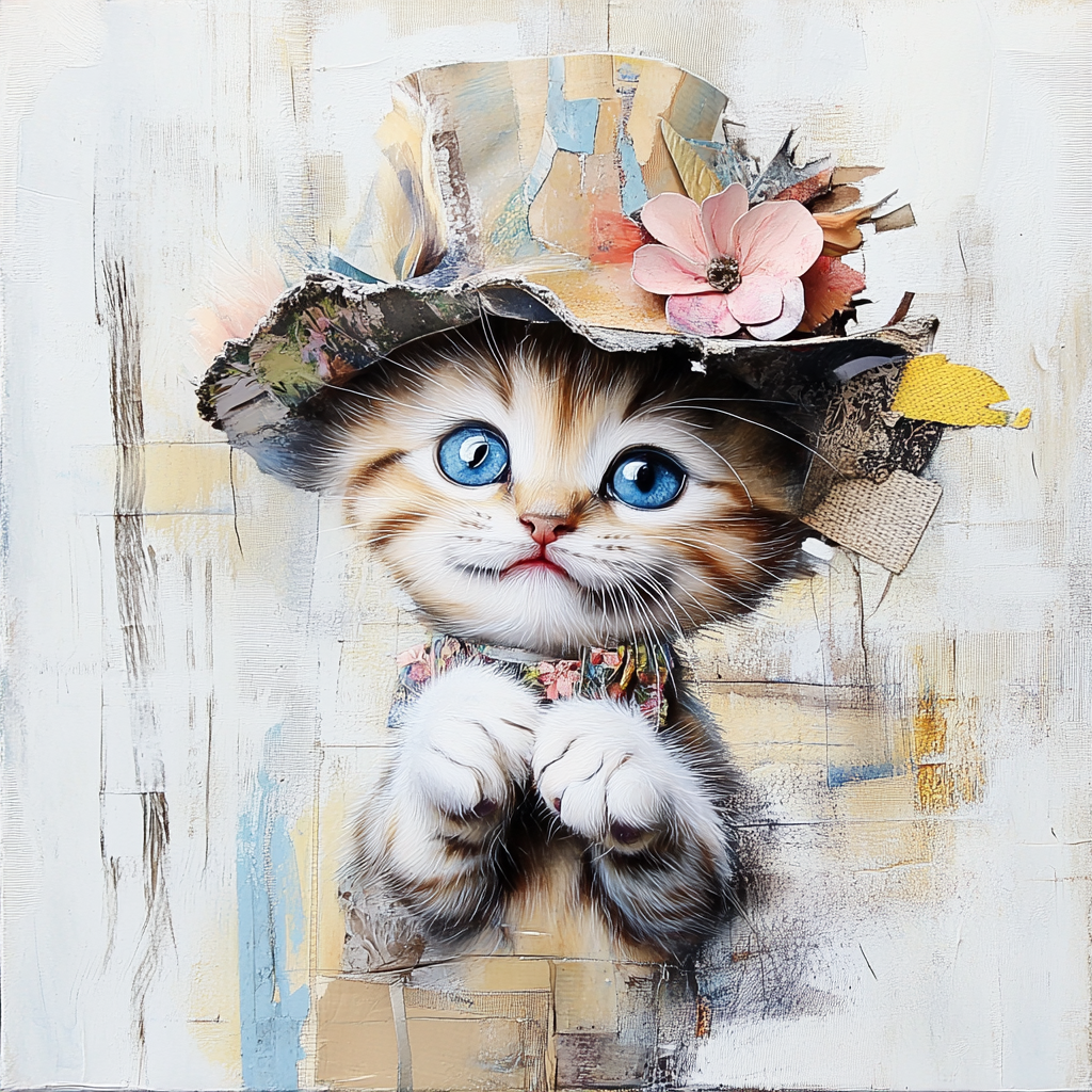 Cute kitten with quirky hat in collage art.