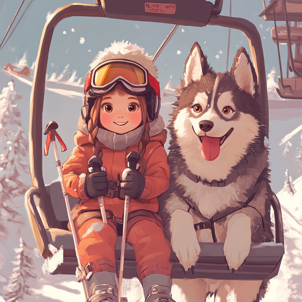 Cute little girl and husky on ski lift.