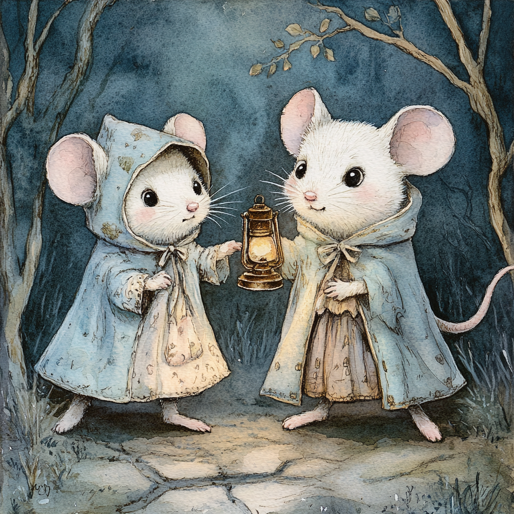 Cute white mice in capes pose with lantern.