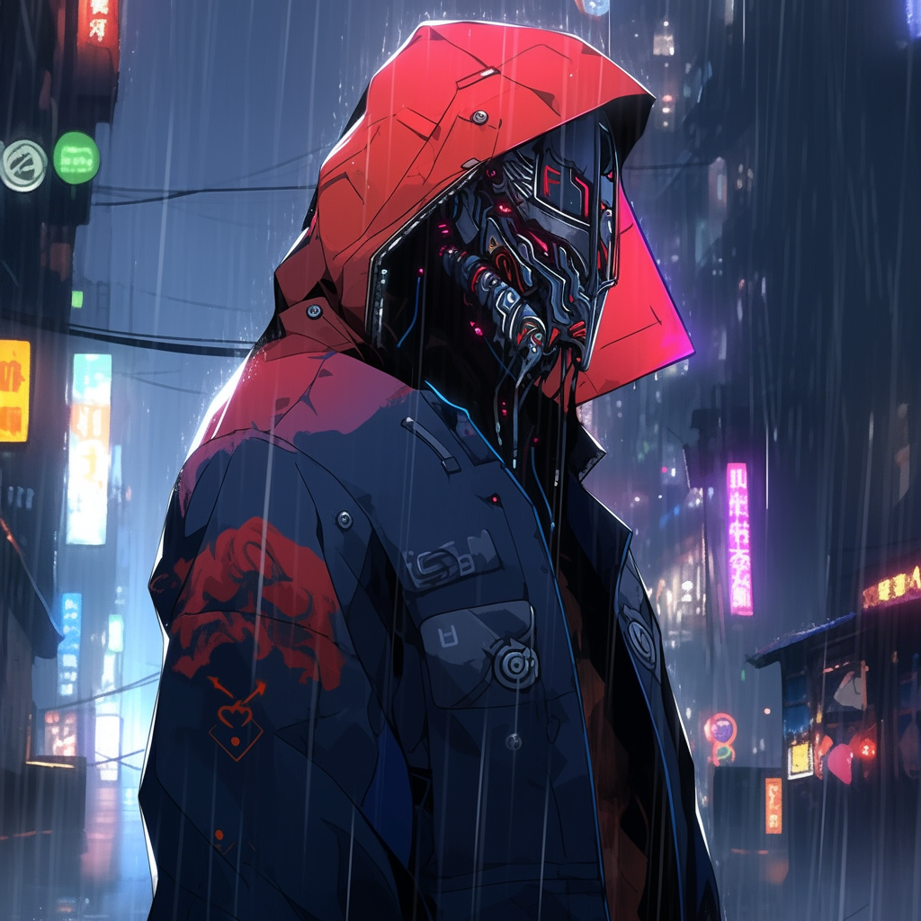 Cyberpunk cyborg in akatsuki jacket under neon city rain.