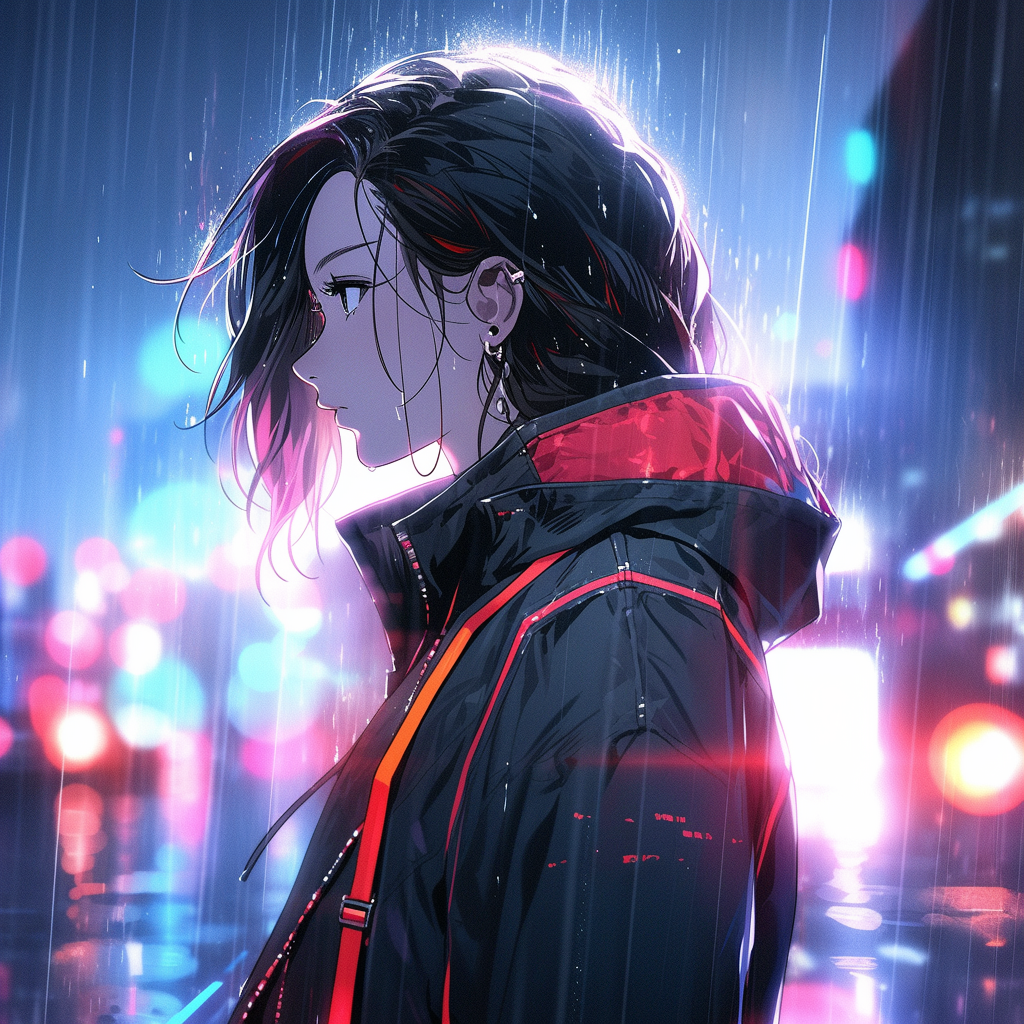 Cyborg girl in akatsuki clouds jacket in rain.