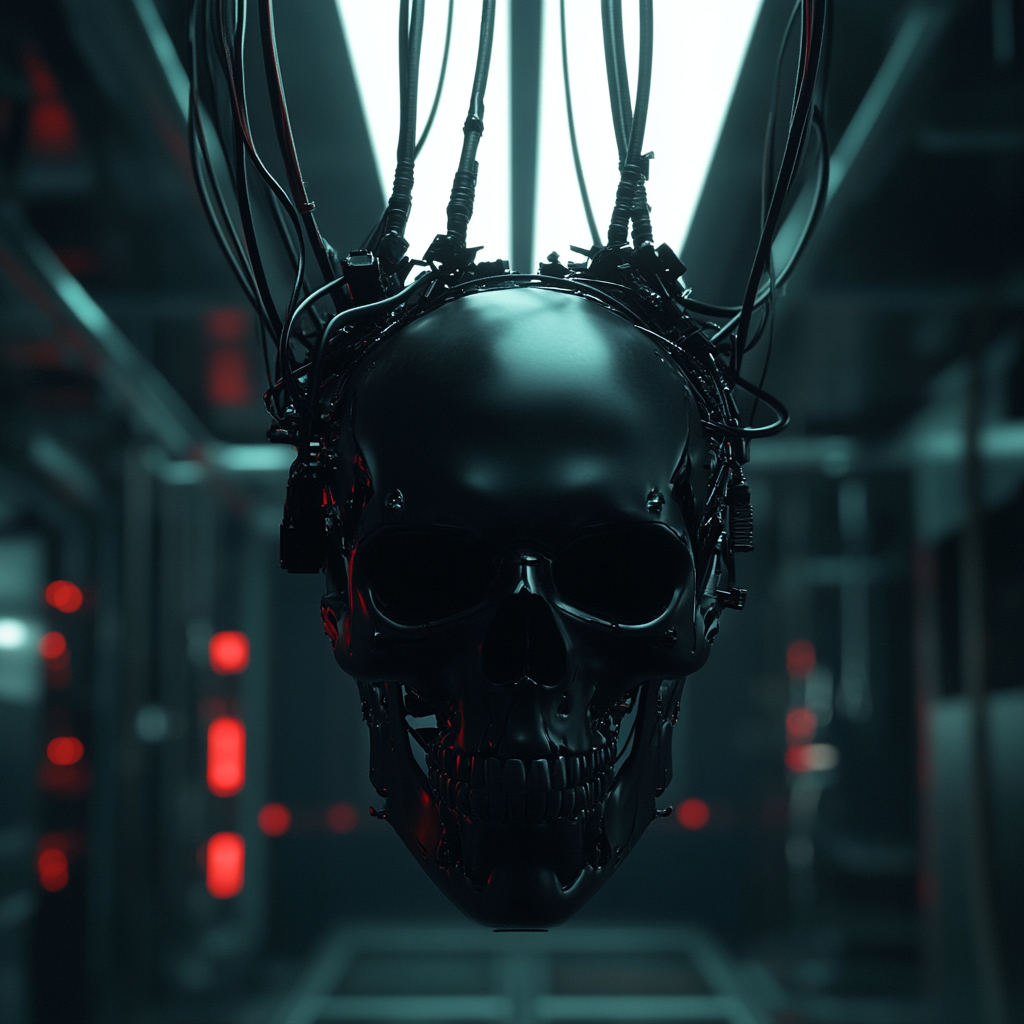 Cyborg skull head floating with sci-fi cables, dark background.